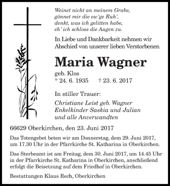Todesanzeige von Maria Wagner von saarbruecker_zeitung