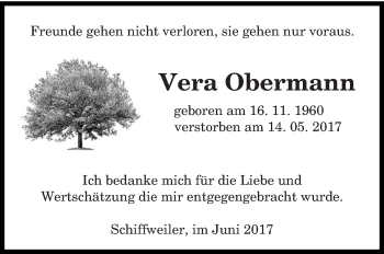 Todesanzeige von Vera Obermann von saarbruecker_zeitung