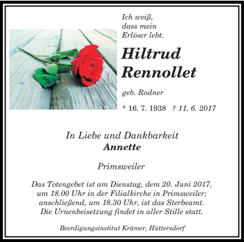 Todesanzeige von Hiltrud Rennollet von saarbruecker_zeitung
