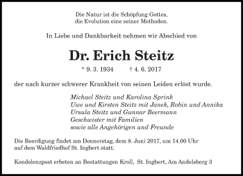 Todesanzeige von Erich Steitz von saarbruecker_zeitung
