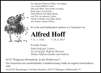 Todesanzeige von Alfred Hoff von saarbruecker_zeitung