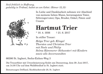 Todesanzeige von Hartmut Trier von saarbruecker_zeitung