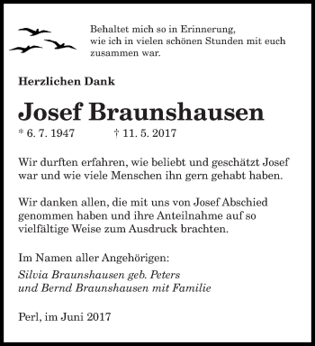 Todesanzeige von Josef Braunshausen von saarbruecker_zeitung