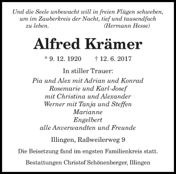 Todesanzeige von Alfred Krämer von saarbruecker_zeitung