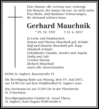 Todesanzeige von Gerhard Mauchnik von saarbruecker_zeitung