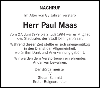 Todesanzeige von Paul Maas von saarbruecker_zeitung