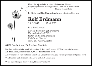 Todesanzeige von Rolf Erdmann von saarbruecker_zeitung