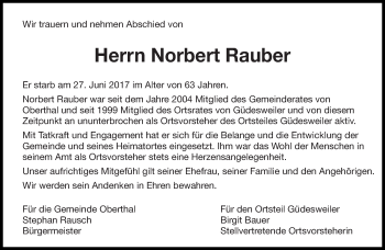 Todesanzeige von Norbert Rauber von saarbruecker_zeitung