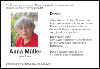 Todesanzeige von Anna Müller von saarbruecker_zeitung