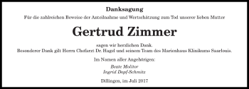 Todesanzeige von Gertrud Zimmer von saarbruecker_zeitung