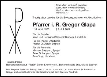 Todesanzeige von Gregor Glapa von saarbruecker_zeitung