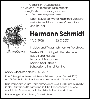 Todesanzeige von Hermann Schmidt von saarbruecker_zeitung