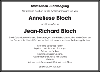 Todesanzeige von Anneliese und Jean-Richard Bloch von saarbruecker_zeitung