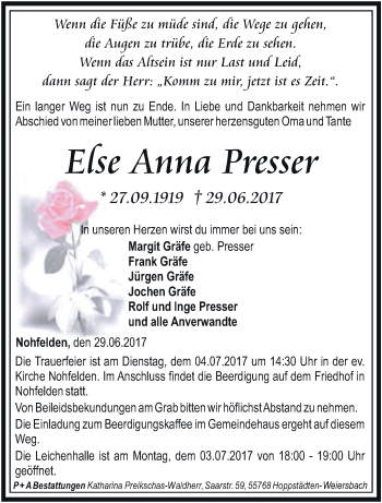 Todesanzeige von Else Anna Presser von saarbruecker_zeitung