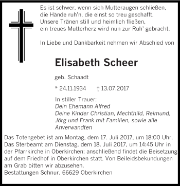 Todesanzeige von Elisabeth Scheer von saarbruecker_zeitung