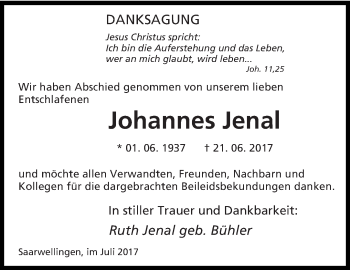 Todesanzeige von Johannes Jenal von saarbruecker_zeitung