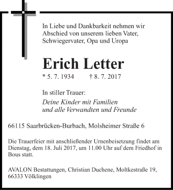 Todesanzeige von Erich Letter von saarbruecker_zeitung