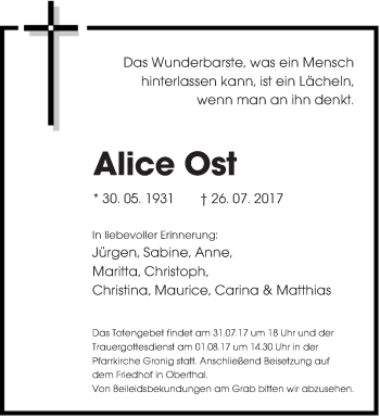 Todesanzeige von Alice Ost von saarbruecker_zeitung
