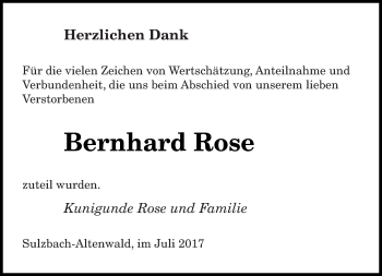 Todesanzeige von Bernhard Rose von saarbruecker_zeitung