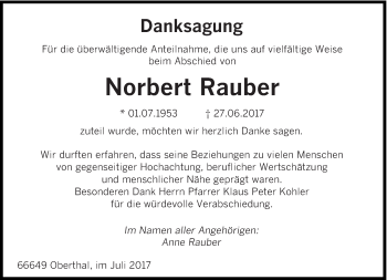 Todesanzeige von Norbert Rauber von saarbruecker_zeitung