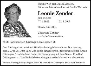 Todesanzeige von Leonie Zender von saarbruecker_zeitung
