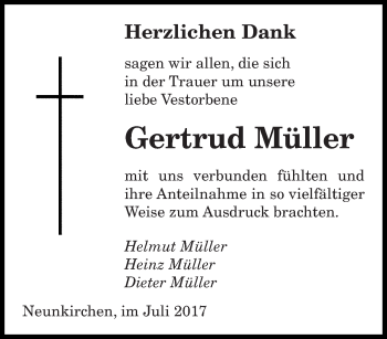 Todesanzeige von Gertrud Müller von saarbruecker_zeitung