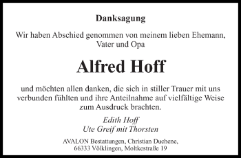 Todesanzeige von Alfred Hoff von saarbruecker_zeitung