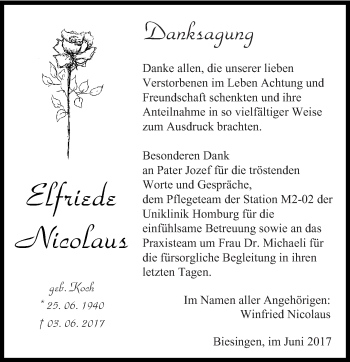 Todesanzeige von Elfriede Nicolaus von saarbruecker_zeitung