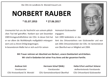 Todesanzeige von Norbert Rauber von saarbruecker_zeitung