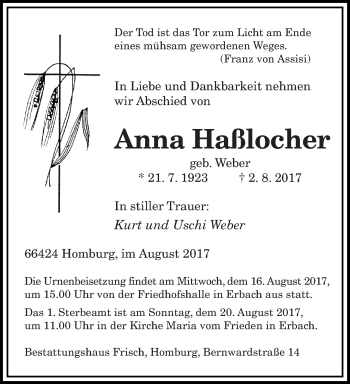 Todesanzeige von Anna Haßlocher von saarbruecker_zeitung