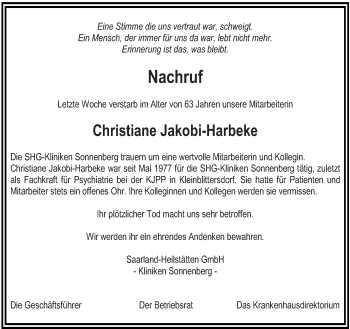 Todesanzeige von Christiane Jakobi-Harbeke von saarbruecker_zeitung