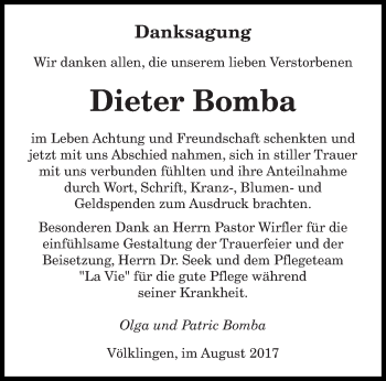 Todesanzeige von Dieter Bomba von saarbruecker_zeitung