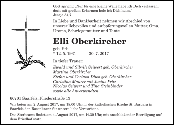Todesanzeige von Elli Oberkircher von saarbruecker_zeitung
