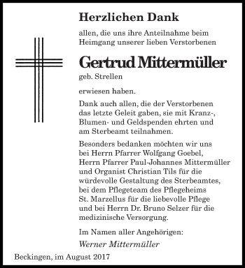 Todesanzeige von Gertrud Mittermüller von saarbruecker_zeitung