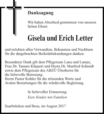 Todesanzeige von Gisela und Erich Letter von saarbruecker_zeitung