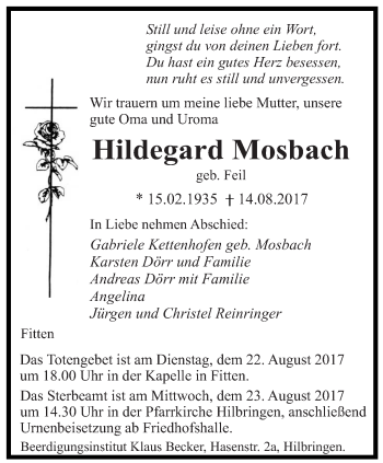 Todesanzeige von Hildegard Mosbach von saarbruecker_zeitung