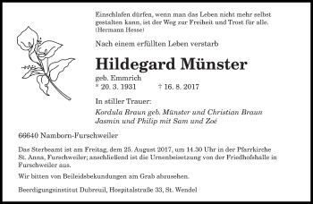 Todesanzeige von Hildegard Münster von saarbruecker_zeitung