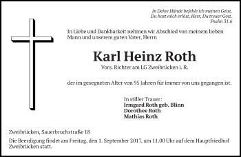 Todesanzeige von Karl Heinz Roth von saarbruecker_zeitung