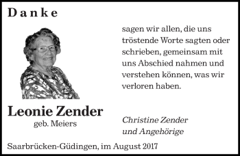 Todesanzeige von Leonie Zender von saarbruecker_zeitung