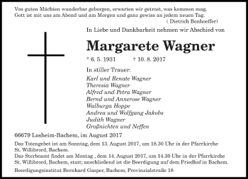 Todesanzeige von Margarete Wagner von saarbruecker_zeitung