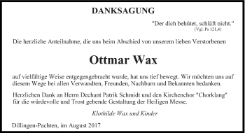 Todesanzeige von Ottmar Wax von saarbruecker_zeitung