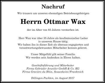 Todesanzeige von Ottmar Wax von saarbruecker_zeitung