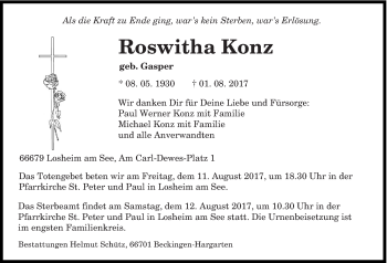Todesanzeige von Roswitha Konz von saarbruecker_zeitung