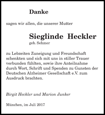 Todesanzeige von Sieglinde Heckler von saarbruecker_zeitung