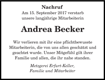 Todesanzeige von Andrea Becker von saarbruecker_zeitung