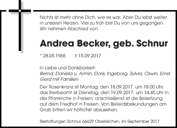 Todesanzeige von Andrea Becker von saarbruecker_zeitung