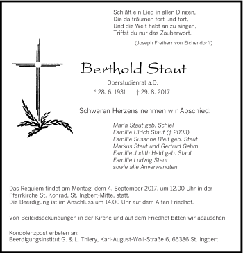 Todesanzeige von Berthold Staut von saarbruecker_zeitung