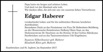 Todesanzeige von Edgar Haberer von saarbruecker_zeitung