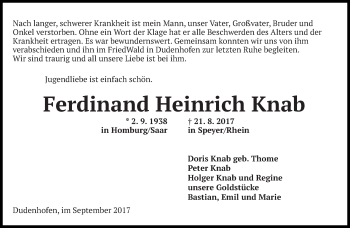 Todesanzeige von Ferdinand Heinrich Knab von saarbruecker_zeitung