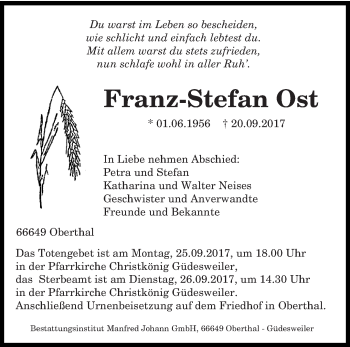 Todesanzeige von Franz-Stefan Ost von saarbruecker_zeitung